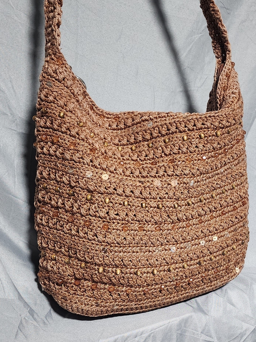 Vintage Y2K The Sak Brown Crochet Shoulderbag Purse W/ Bead & Sequin Detail